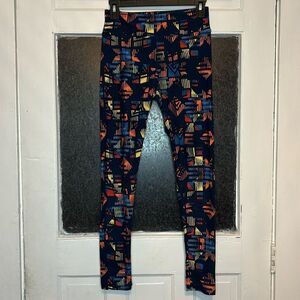 LuLaRoe Women’s Dark Blue and Orange Geometric Printed Stetch Casual Legging OS